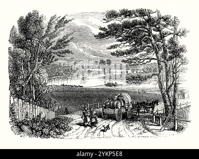 Ein alter Stich der Themse bei Coway (Cowey) Stakes, Walton-on-Thames, Surrey, England, Großbritannien in den 1700er Jahren – er stammt aus einem viktorianischen Geschichtsbuch. Ein Wagen und Pferde fahren auf den Fluss zu, und ein Lastkahn wird von einem Team von Pferden entlang des Flusses gezogen. 1750 errichtete Samuel Dicker, ein wohlhabender Einheimischer, die erste hölzerne Brücke über die Themse bei Walton, finanziert durch Mautgebühren. 1788 baute sein Neffe eine Steinbrücke mit zusätzlichen Mautgebühren – die Brücken bildeten eine wichtige Nord-Süd-Straßenverbindung. Stockfoto