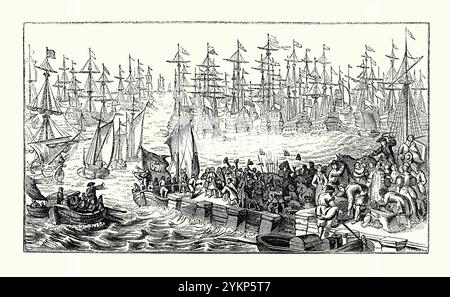 Wilhelm von Orange (Wilhelm III. Von England) verließ 1688 den Fluss Maas in Helvoetsluys, Holland, und reiste nach England, um den englischen Thron zu erobern (die „ruhmreiche Revolution“) – sie stammt aus einem viktorianischen Geschichtsbuch. Die Flotte war groß mit 50 Linienschiffen, 50 kleineren Kriegsschiffen und Feuerschiffen und rund 400 Transporten, 5000 Pferden und 40.000 Besatzungsmitgliedern und Soldaten. Allein die Einschiffung dauerte 16 Tage. Tausende sahen das Ereignis von Land aus. Stockfoto