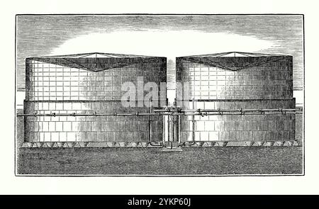 Ein alter Stich viktorianischer Gasometer oder Gashalter aus England, Großbritannien – stammt aus einem viktorianischen Geschichtsbuch. Ein Gashalter (Gashalter) ist ein großer Behälter, in dem Erdgas oder Stadtgas (Kohle- oder Wassergas) nahe dem atmosphärischen Druck gespeichert wird. Bei der Kohlevergasung wurde Kohlegas für die Stadtbeleuchtung verwendet. Ein Gasometer wurde 1798 in das erste kleine Gaswerk der Soho Manufaktur in Birmingham, West Midlands, eingebaut. Die erste öffentliche Gasversorgung bestand aus 13 Gaslampen, die 1807 entlang der Pall Mall in London installiert wurden. Stockfoto