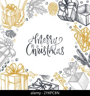Weihnachten und Neujahr Geschenke und Dekoration quadratischer Rahmen. Vektor handgezeichnete Skizze Vintage Illustration. Banner für Winterferien, Poster, Etikettenpaket Stock Vektor