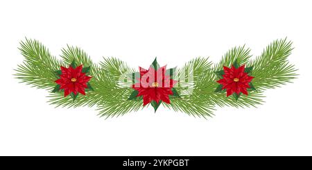 Weihnachtsgirlande mit roten Weihnachtsstern und Tannenzweigen auf weißem Hintergrund. Festliches Dekorationselement. Weihnachts- und Winterferienkonzept. Stock Vektor