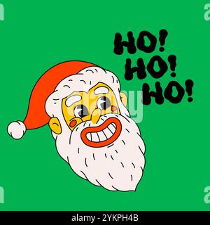 Weihnachtskarte im Retro-Stil mit groovigem weihnachtsmann und ho ho ho Text. Grooviger, lustiger Weihnachtsmann mit fröhlichem Gesicht Stock Vektor