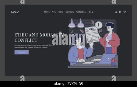 Konzept für Streitigkeiten am Arbeitsplatz. Mitarbeiter führen eine hitzige Diskussion über ethische Fragen, mit Dokumenten, die auf einen Skandal hinweisen. Bürodrama entfaltet sich unter künstlichem Licht. Vektorabbildung. Stock Vektor