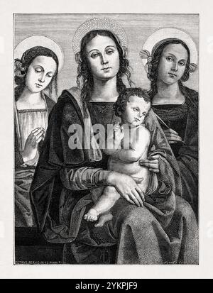 Madonna und Kind mit zwei Heiligen. Kupferstich nach einem Gemälde von Pietro Perugino aus dem 15. Jahrhundert. Stockfoto