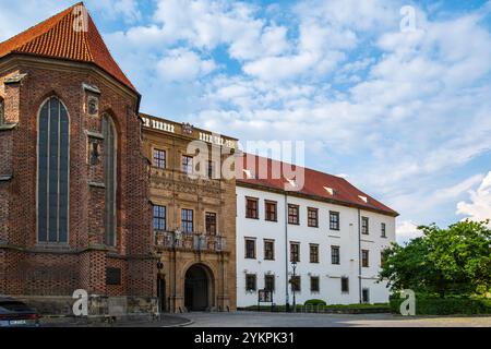 Südfassade und St. Hedwigs Kirche des Piastpalastes, ein Renaissance-Gebäudekomplex der Piastdynastie, in Brzeg, Woiwodschaft Opole, Polen. Stockfoto