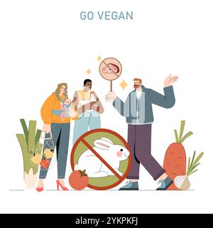 Konzept des veganen Welttags. Verschiedene Menschen, die sich für Tierrechte und pflanzliche Ernährung einsetzen, mit einer „Go Vegan“-Botschaft. Vektorabbildung. Stock Vektor