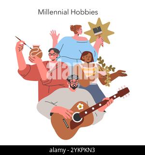 Millennial Hobbys Konzept. Gruppe junger Erwachsener, die kreative Zeitvertreibe wie Gitarre spielen und malen. Freizeitaktivitäten und Lifestyle. Vektorabbildung. Stock Vektor