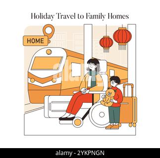 Illustration der Reise zum Neujahrsfest. Eine Familie begibt sich auf eine Zugfahrt nach Hause, umgeben von festlichen Laternen-Dekor. Wir feiern Einheit und Tradition der Familie. Vektorabbildung. Stock Vektor