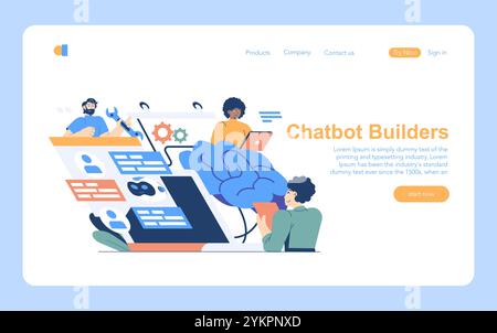 Chatbot-Entwicklungskonzept. Illustration eines Teams, das einen digitalen Assistenten erstellt, mit Codierung und Design künstlicher Intelligenz. Vektorabbildung. Stock Vektor