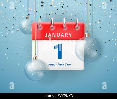 Frohes Neues Jahr. Wandabreißkalender mit Datum am 1. Januar, Weihnachtsdekoration vor der Kulisse von goldenen Sternen und einer Serpentine. Vect Stock Vektor