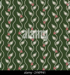 Beere und Blatt nahtlose Vektor-Hintergrundemuster. Weihnachtsmotiv mit rotem grünem vertikalem Hintergrund. Beeren und Blätter gemischt. Festliche Wiederholung Stock Vektor