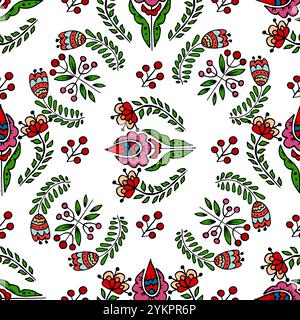 Nahtloses Muster. Farbenfrohe Blumen mit Boho-Muster im skandinavischen Cottagecore-Stil. Handgezeichneter Druck für Stoffe Stock Vektor