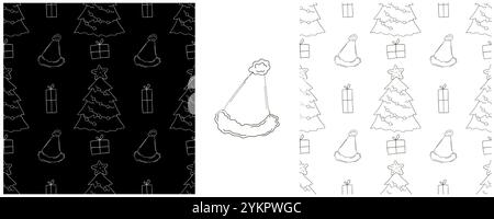 Weihnachtsfeiertage. Legen Sie Schwarzweiß-Muster im Stil der Handzeichnung fest. Weihnachtsbäume, Hüte, Geschenke. Kann für Gewebe und etc. Verwendet werden Stock Vektor