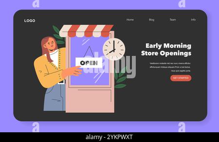 Black Friday-Konzept. Eine Ladeninhaberin öffnet ihr Geschäft früh mit einer freundlichen Geste in einer Website-Oberfläche. Vorbereitung des Frühbucherverkaufs. Vektorabbildung. Stock Vektor