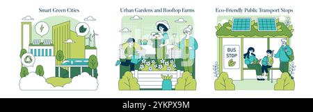 Green Infrastructure Set. Städtische Nachhaltigkeit und erneuerbare Energien. Menschen, die sich in der städtischen Landwirtschaft engagieren, Öko-Upgrades im Transit. Vektorabbildung. Stock Vektor