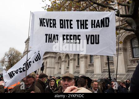 Westminster, London, Großbritannien. November 2024. Die Landwirte nehmen an einem Protest in Westminster gegen die im Haushalt angekündigten Änderungen der Erbschaftssteuer für landwirtschaftliche Betriebe Teil. Die Demonstranten glauben, dass es die Familienbauern ungerechtfertigterweise beeinflussen wird. Beiß nie in die Hand, die dich füttert, Banner Stockfoto