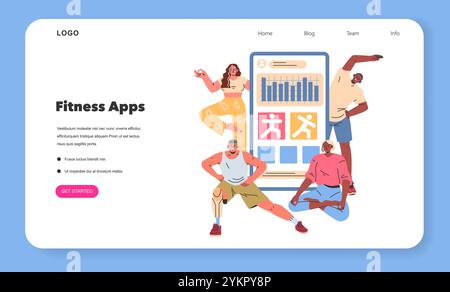 Sport-at-Home-Konzept. Ein ansprechendes Landing-Page-Design, in dem verschiedene Personen Fitness-Apps für Heimtrainings nutzen. Gesundheit, Technologie und Bewegung verschmelzen nahtlos. Vektorabbildung. Stock Vektor