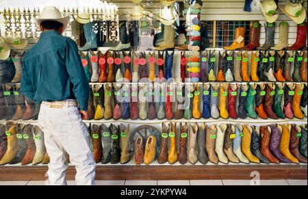 Ein Mann, der Cowboystiefel in der Calle Libertad, Ciudad de Chihuahua (Stadt Chihuahua), Bundesstaat Chihuahua, Mexiko, ansieht Stockfoto