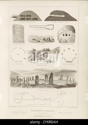 Gravur von Denkmälern aus der keltischen Kultur in Frankreich, England und Belgien. 1853 37. Querschnitt eines Hügels in Orkney 38. Querschnitt des Galgal de Gavrennez. 39. Galgal de Gavrennez (Plan). 40. Galgal de Gavrennez (Einzelheiten). 42. Carneillou 42. Galgal de Gravennez (Details). 43. Grab in Herouval. 44. Cromlech von Stennis. Stockfoto