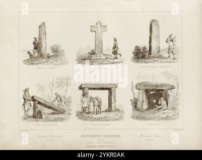 Keltische Denkmäler, Frankreich. 1853 Dolmen, Kreuze und Menhire aus dem keltischen Kulturgebiet in Frankreich. 1. Menhir von Grabusson. 2. Überqueren Sie nach Carnac. 3. Menhir vom Berg der Gerechtigkeit in Carnac. 4. Halbdolmen in Kerdaniel. 5. Trilith von St. Nazaire. 6. Trie Dolmen Stockfoto