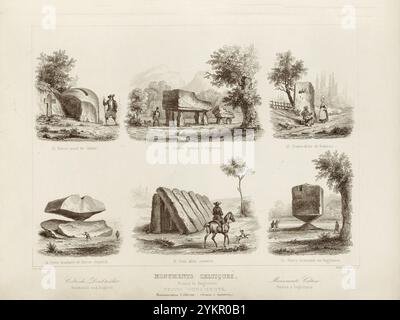 Gravur von Dolmen, Kreuzen und Menhiren aus der keltischen Kultur in Frankreich und England. 1853 22. Steinaltar bei Cleder 20. Doppel-Dolmen d'Anglesey 23. Pierre Fiche von Duneau 24. Wackeliger Stein aus Perros-Guyrech 21. Bedeckte halbe Alee (Galerie Grab) 25. Wackeliger Stein in England Stockfoto