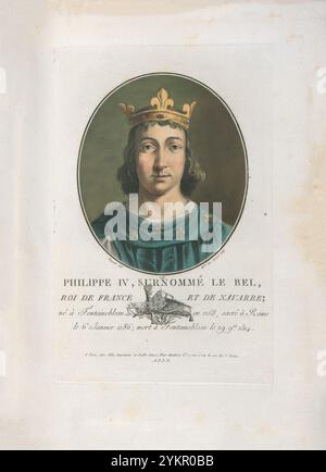 Philipp IV. Von Frankreich. Kupferstich von 1792 Philipp IV. (1268–1314), genannt Philipp der Messe, war König von Frankreich von 1285 bis 1314. Durch seine Heirat mit Joan I. von Navarra war er von 1284 bis 1305 König von Navarra als Philipp I. sowie Graf von Champagne. Obwohl Philipp als gutaussehend bekannt war, daher der Name le Bel, brachte ihm seine starre, autokratische, imposante und unflexible Persönlichkeit (von Freund und Feind gleichermaßen) andere Spitznamen wie der Eiserne König ein Stockfoto