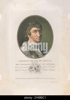 Karl VIII. Von Frankreich. Gravur von 1792 Karl VIII., genannt The Affable (1470–1498), war König von Frankreich von 1483 bis zu seinem Tod 1498. Im Alter von 13 Jahren folgte er seinem Vater Ludwig XI. Nach. Seine ältere Schwester Anne fungierte als Regentin gemeinsam mit ihrem Ehemann Peter II., Herzog von Bourbon bis 1491, als der junge König 21 Jahre alt wurde. Während Annes Regentschaft rebellierten die großen Herren gegen die königlichen Zentralisierungsbemühungen in einem Konflikt, der als Mad war (1485–1488) bekannt war, der zu einem Sieg der königlichen Regierung führte. Stockfoto