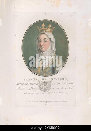 Joan I. von Navarra. Gravur von 1792 Joan I. (1273–1305) (Baskisch Joana, Spanisch Juana) regierte von 1274 bis 1305 Königin von Navarra und Gräfin von Champagne. Sie war auch Königin von Frankreich durch Heirat mit König Philipp IV. Sie gründete 1305 das College of Navarra in Paris. Stockfoto