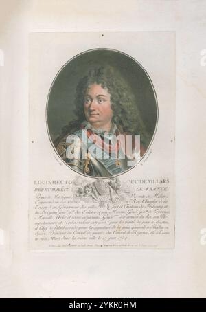 Claude Louis Hector de Villars, 1. Herzog von Villars. Gravur von 1792 Claude Louis Hector de Villars, Prinz von Martigues, Marquis damals (1.) Herzog von Villars, Viscount von Melun (1653–1734) war ein französischer Militärkommandeur und berühmter General von Ludwig XIV. Von Frankreich. Er war einer von nur sechs Marschalls, die zum Marschall General von Frankreich befördert wurden. Stockfoto