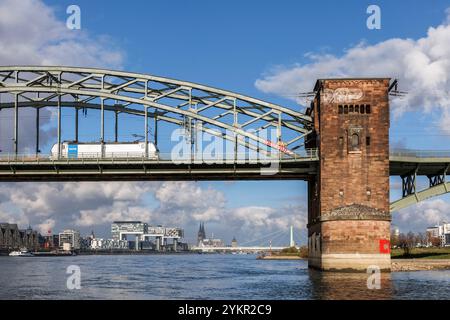 Lokomotive auf der Südbrücke, Blick auf den Rheinauer Hafen mit den Kranhäusern und zum Dom, Köln. Lokomotive auf Stockfoto