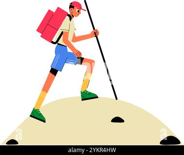 Männlicher Wanderer Mit Rucksack Kletterberg In Flacher Vektor-Illustration, Die Abenteuer, Erkundung Und Ausdauer Symbolisiert, Isoliert Auf Weiß Stock Vektor