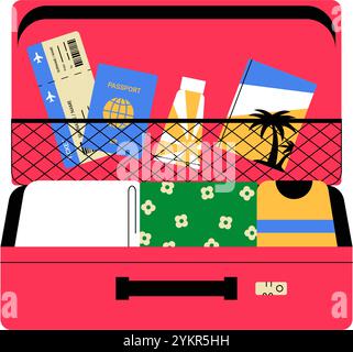 Offener Koffer Mit Reise-Essentials In Der Flachen Vektor-Illustration, Die Urlaub, Verpackung Und Abenteuer Symbolisiert, Isoliert Auf Weißem Hintergrund Stock Vektor