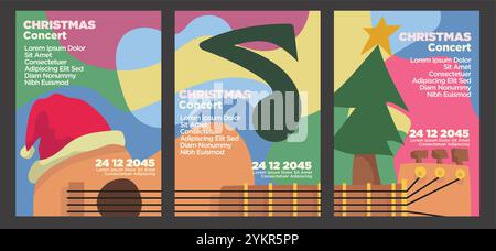 Künstlerisches Weihnachtskonzert-Design mit Gitarre und festlicher Einrichtung. Abstrakte weihnachtsmusik Poster Set Teplate Vektor Illustration. Stock Vektor
