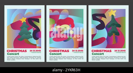 Künstlerisches Weihnachtskonzert-Design mit Gitarre und festlicher Einrichtung. Abstrakte weihnachtsmusik Poster Set Teplate Vektor Illustration. Stock Vektor