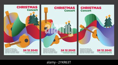 Künstlerisches Weihnachtskonzert-Design mit Gitarre und festlicher Einrichtung. Abstrakte weihnachtsmusik Poster Set Teplate Vektor Illustration. Stock Vektor