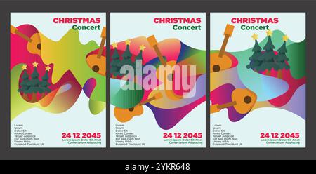 Künstlerisches Weihnachtskonzert-Design mit Gitarre und festlicher Einrichtung. Abstrakte weihnachtsmusik Poster Set Teplate Vektor Illustration. Stock Vektor
