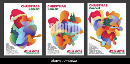Künstlerisches Weihnachtskonzert-Design mit Gitarre und festlicher Einrichtung. Abstrakte weihnachtsmusik Poster Set Teplate Vektor Illustration. Stock Vektor