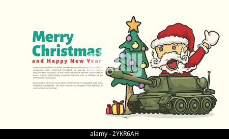 santa-Klausel-Ride-Tank für Armeekristmen und Happy New Year Grußkarte und Webseite Vorlage Vektor Illustration Stock Vektor