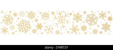 Kreativer Rand aus goldenen Schneeflocken für Weihnachtsdekorationen. Weihnachtsvektor-Hintergrund mit goldenem Schnee und Kreisen Konfetti-Muster Stock Vektor
