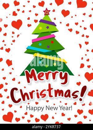Frohe Weihnachten. Ein Weihnachtsbaum und eine Ballongirlande. Ein Banner in Form eines Herzens. Stock Vektor