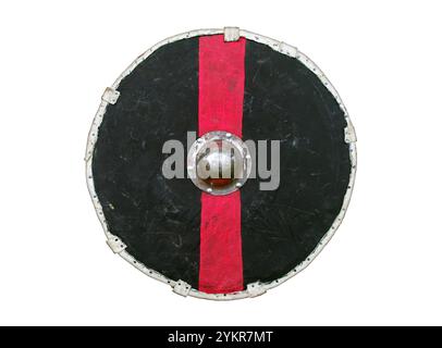 Ein rundes Schild im Wikinger-Stil in Rot und Schwarz. Stockfoto