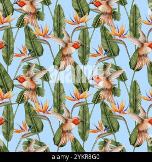 Kolibri, Strelitzia und tropische Blätter nahtloses Muster Hand auf blauem Hintergrund gezeichnet. Aquarellillustration für Textil, Stoff, Tapete, Karte, Verpackung, Party. Stockfoto