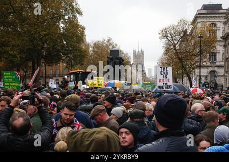 LONDON, Großbritannien - 19. November 2024: Landwirte und Unterstützer halten Banner hoch, während sie sich im Londoner Whitehall versammeln, um gegen neue Erbschaftssteuervorschriften zu protestieren, die Labour kürzlich in ihrem Haushalt eingeführt hat. (Quelle: Craig Mercer/ Alamy Live News) Stockfoto