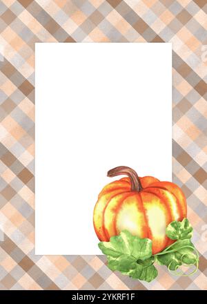 Orangefarbener Kürbis und grüne Blätter. Einfarbiges Muster. Fertiges Postkartendesign. Herbst. Thanksgiving. Handgezeichnete Aquarellillustration. Stockfoto
