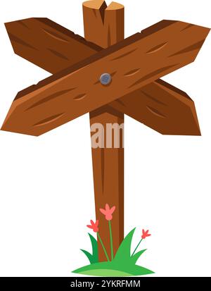 Leere hölzerne Wegweiser mit vier Pfeilen, die in verschiedene Richtungen zeigen, in grünem Gras mit rosa Blumen an der Basis, isoliert auf weiß Stock Vektor