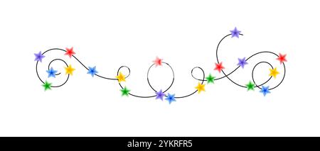 Weihnachten bunte mehrfarbige Lichter lockige String Girlande, Kritzelei Hand gezeichnete Vektor-Illustration, flache Zeichentrickfilm saisonales Bild für Winter Neujahr Feiertag, Geburtstag Veranstaltungen Design Stock Vektor