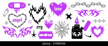 Y2K Gothic Tattoo Symbol Set. Neo Tribal Aufkleber, Feuerflamme, Stacheldraht Liebesherz, lila Schmetterling, Rasierklinge, Sicherheitsnadel, Gothic Kette. Handgezeichnete neotribale Cyber-Sigismus-Elemente im trendigen Stil Stock Vektor
