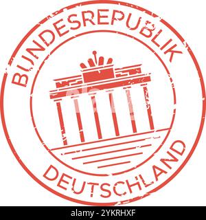 Roter Tintengrunge Gummistempel mit dem brandenburger Tor, einem berühmten Wahrzeichen in berlin, das Reisen, Tourismus und deutsche Kultur symbolisiert Stock Vektor