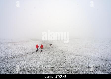 Starker Schnee fällt auf Selsley Common in der Nähe von Stroud in Gloucestershire, da das Gefrierwetter große Teile des Vereinigten Königreichs betrifft. Stockfoto