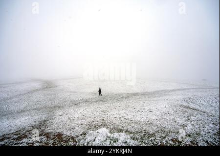 Starker Schnee fällt auf Selsley Common in der Nähe von Stroud in Gloucestershire, da das Gefrierwetter große Teile des Vereinigten Königreichs betrifft. Stockfoto